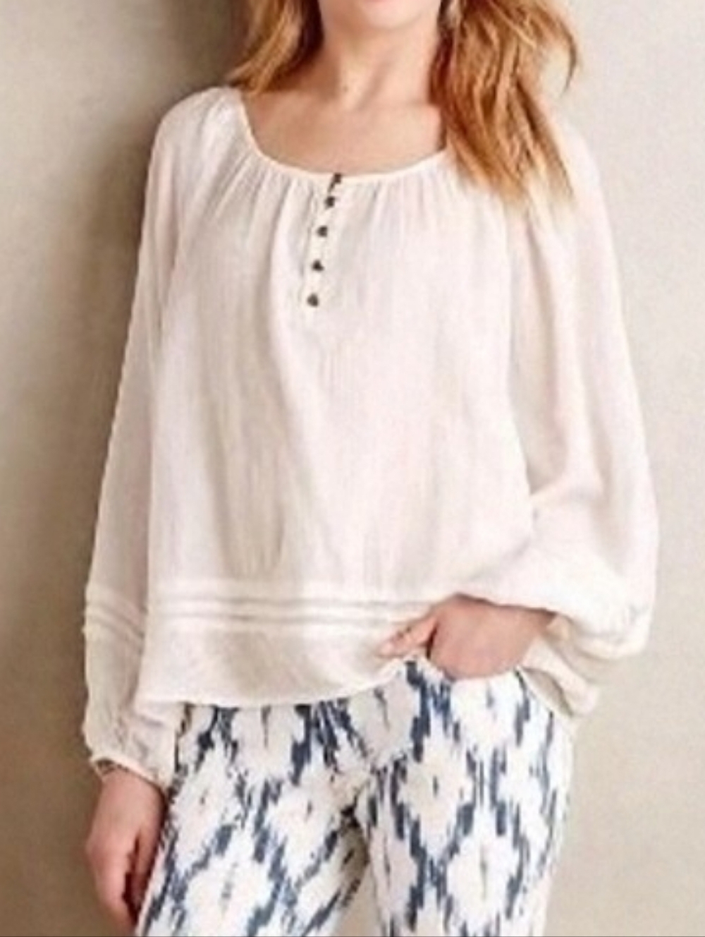 Anthropologie Vanessa Virginia Cream Balloon Sleeve Peasant Top, Size XS